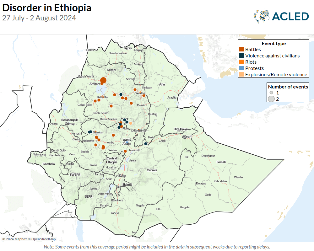 Disorder in Ethiopia 27 July - 2 August 2024 Map - Disorder in Ethiopia 27 July - 2 August 2024