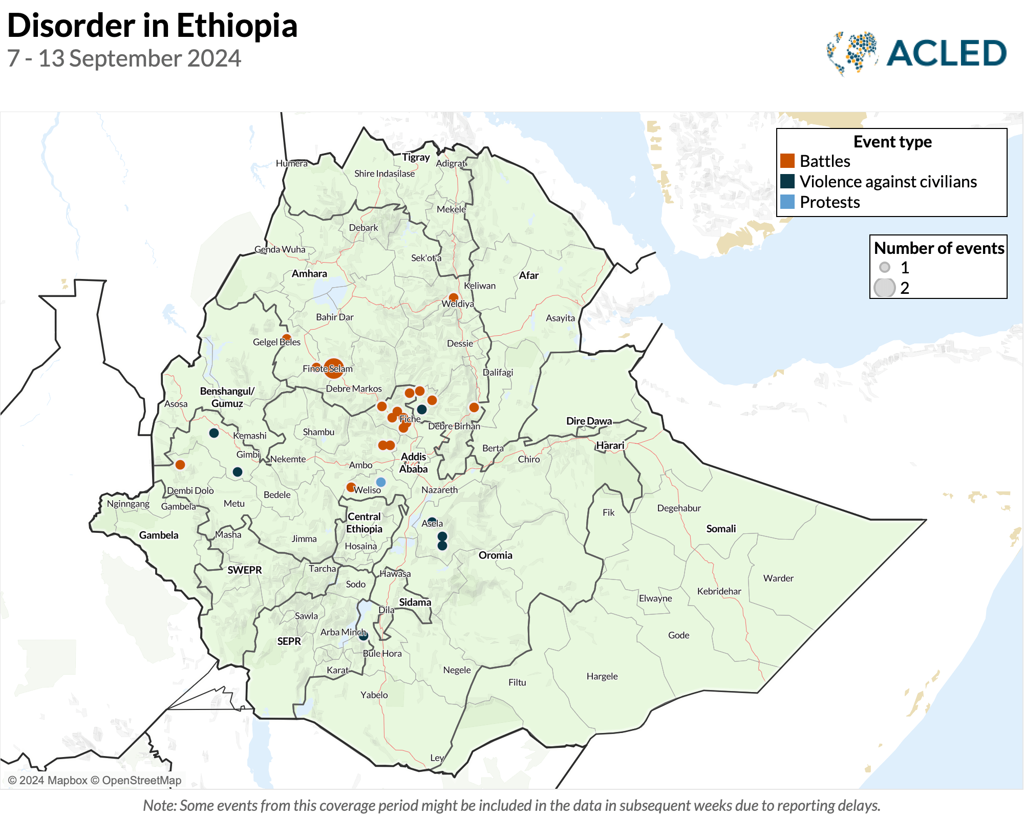 Disorder in Ethiopia - 7-13 September 2024 Map - Disorder in Ethiopia - 7-13 September 2024