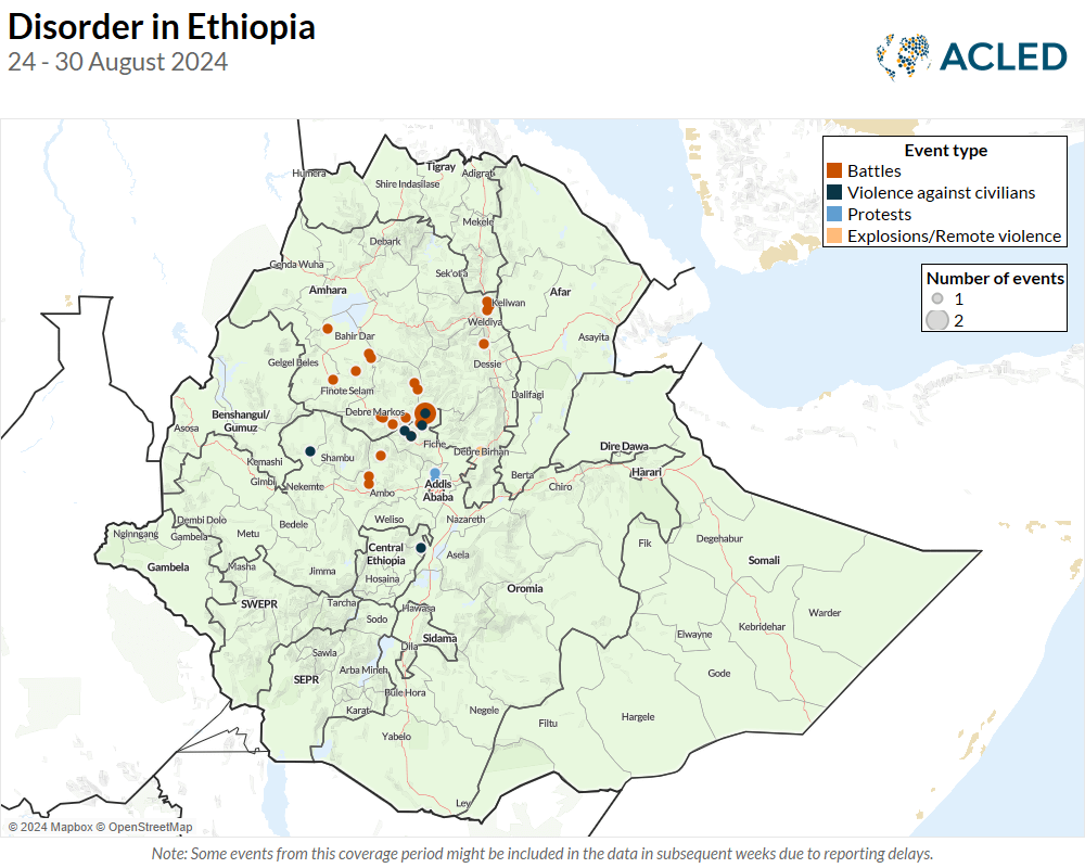 Disorder in Ethiopia 24 - 30 August 2024 Map - Disorder in Ethiopia 24 - 30 August 2024