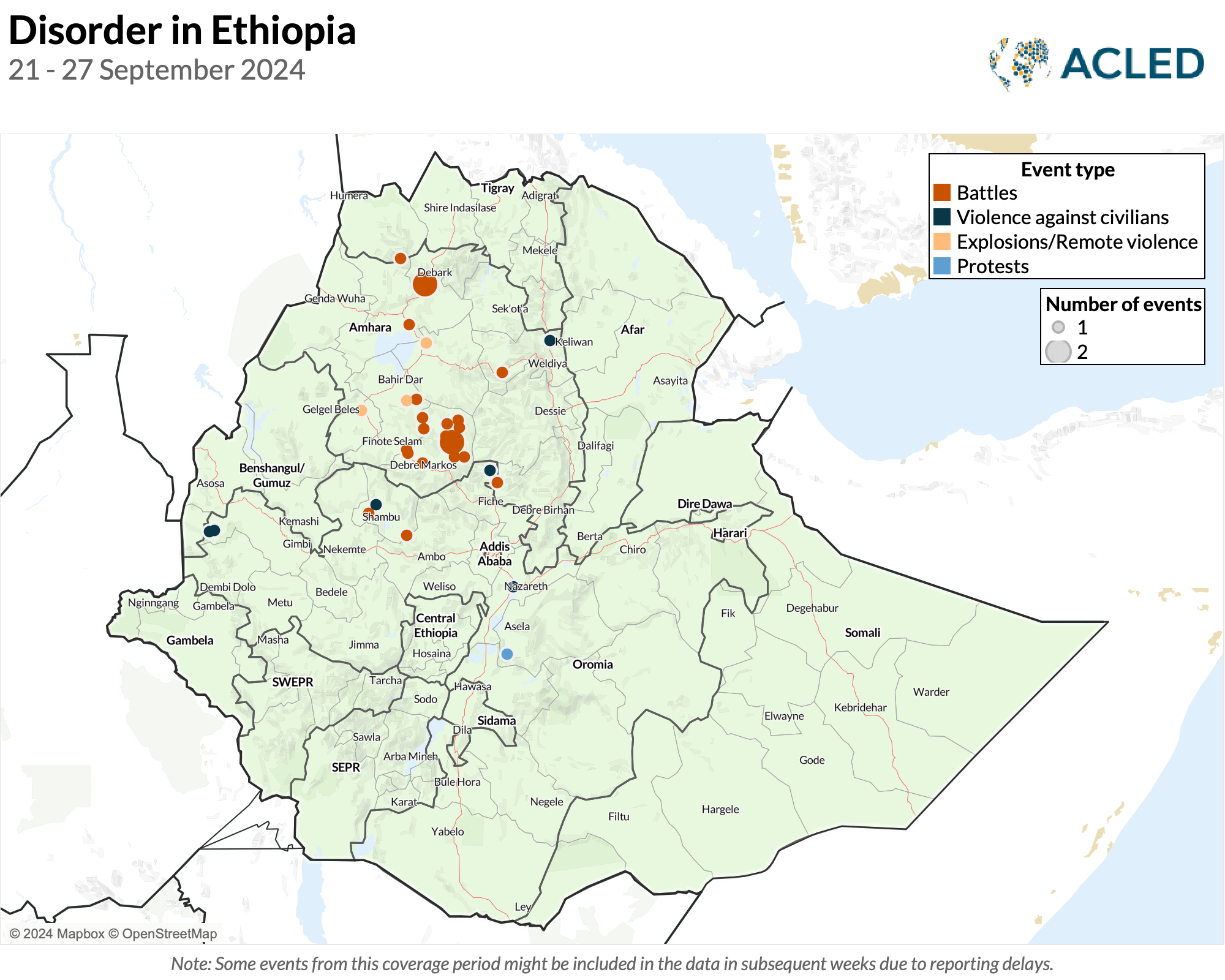 Disorder in Ethiopia 21 - 27 September 2024 Map - Disorder in Ethiopia 21 - 27 September 2024