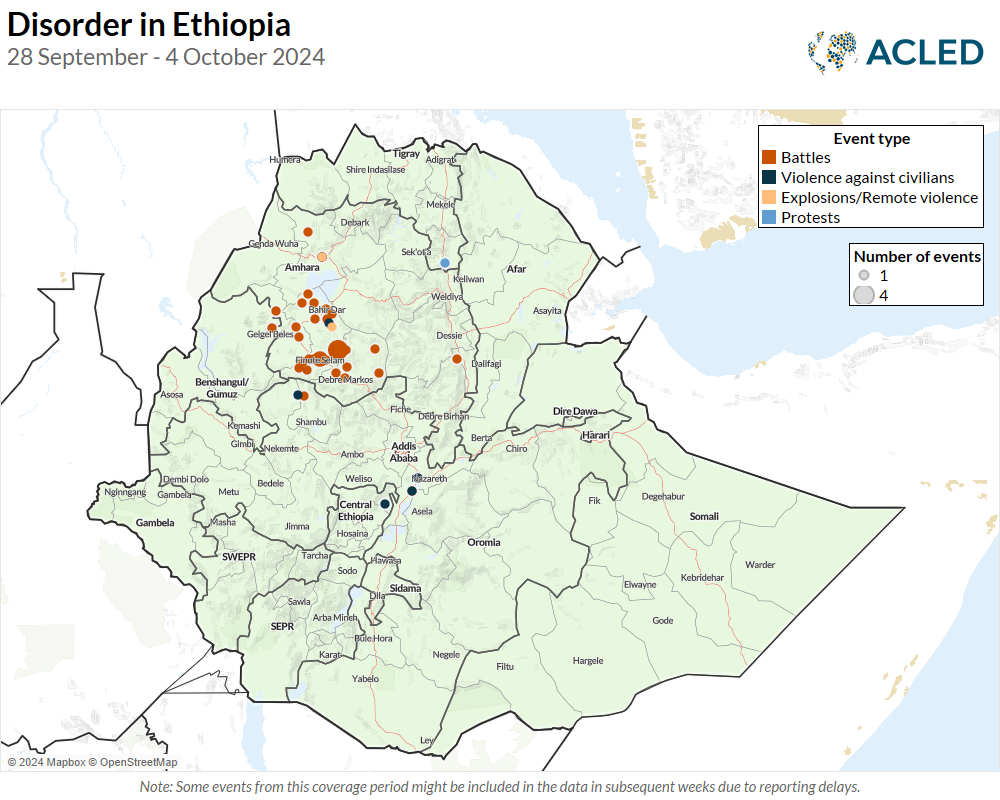Disorder in Ethiopia 28 September - 4 October 2024 Map - Disorder in Ethiopia 28 September - 4 October 2024